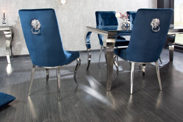 Chaise de salle à manger bleu argent baroque en velours métal avec poignée