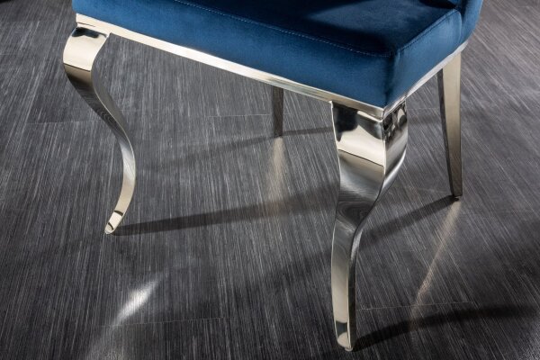 Chaise de salle à manger bleu argent baroque en velours métal avec poignée