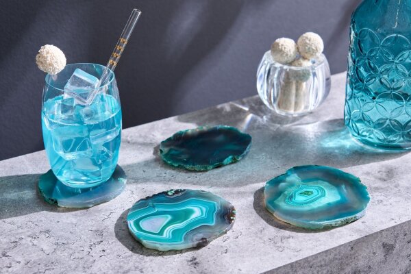 Set de 4 soucoupes en agate bleu-vert, travail manuel unique