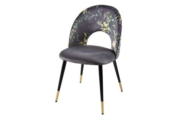 Chaise de salle à manger sans accoudoirs velours métal motif floral gris
