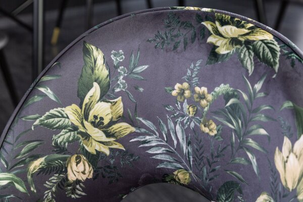 Chaise de salle à manger sans accoudoirs velours métal motif floral gris