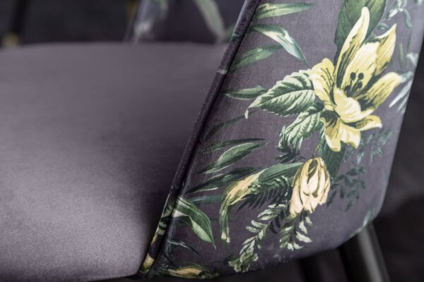 Chaise de salle à manger sans accoudoirs velours métal motif floral gris