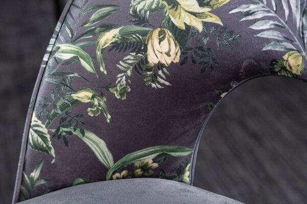 Chaise de salle à manger sans accoudoirs velours métal motif floral gris