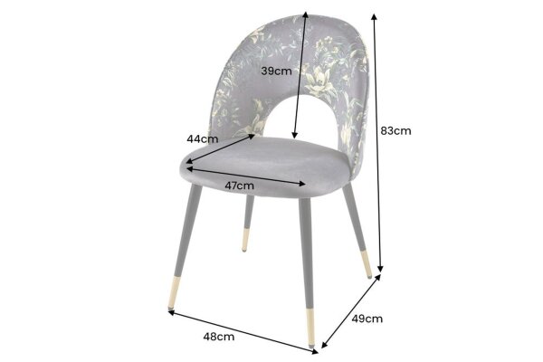 Chaise de salle à manger sans accoudoirs velours métal motif floral gris