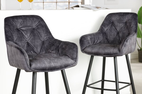 Chaise de comptoir Chesterfield en velours métal gris noir