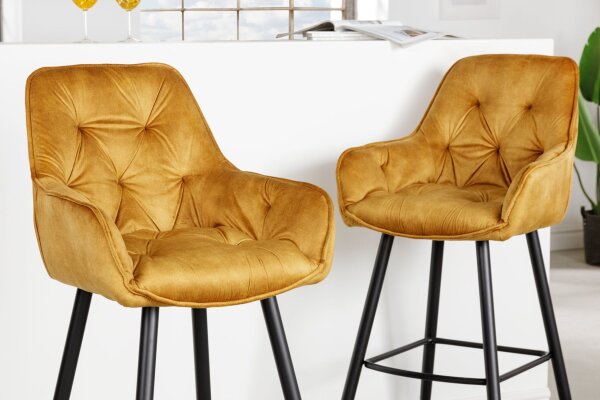 Tabouret de bar velours métal jaune noir Chesterfield