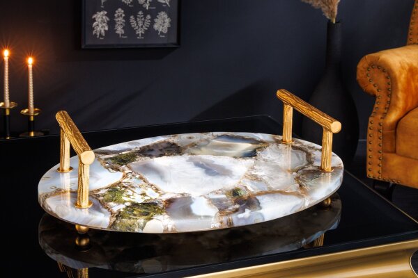 Plateau de transport 38 cm de long agate métal pièce unique travail manuel
