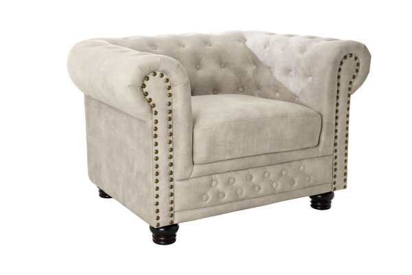 Fauteuil velours bois crème beige marron L : 110 cm Chesterfield