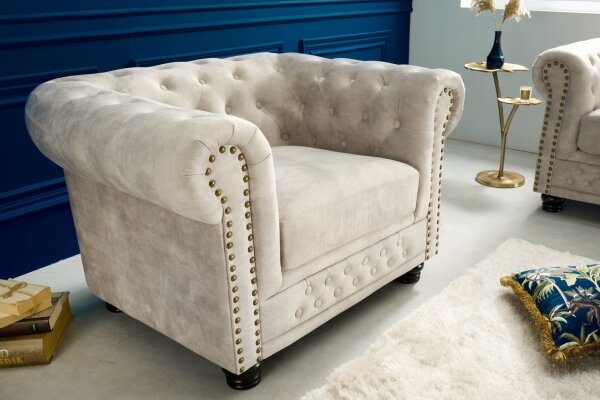 Fauteuil velours bois crème beige marron L : 110 cm Chesterfield