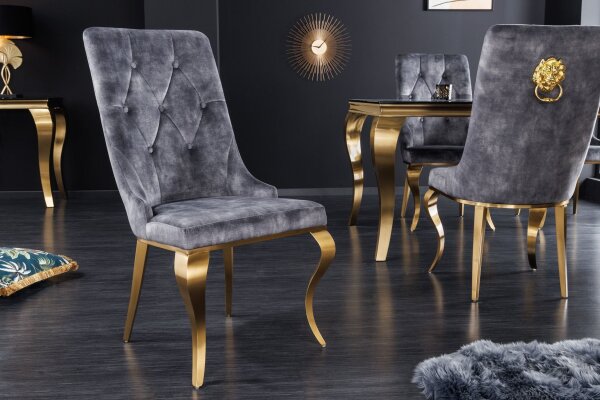 Chaise de salle à manger Gris Or Chesterfield baroque velours