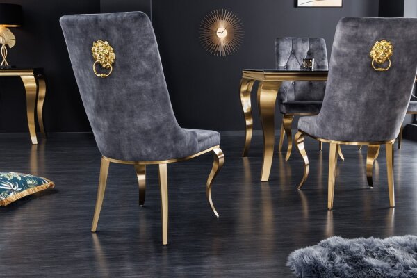 Chaise de salle à manger Gris Or Chesterfield baroque velours