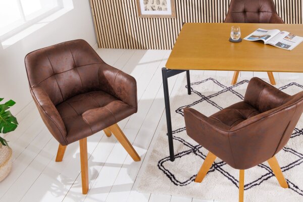Chaise pivotante Marron Naturel en tissu bois sans roulettes avec accoudoirs