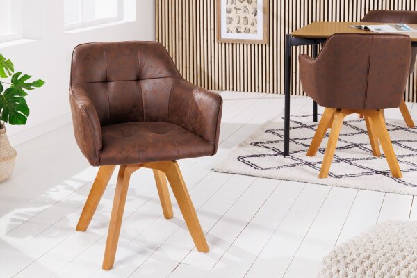 Chaise pivotante Marron Naturel en tissu bois sans roulettes avec accoudoirs
