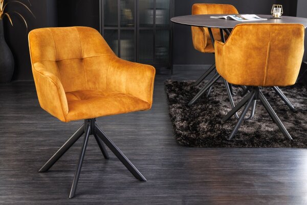 Chaise pivotante sans roulettes velours métal jaune noir avec accoudoirs