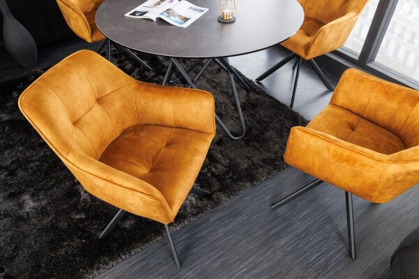 Chaise pivotante sans roulettes velours métal jaune noir avec accoudoirs