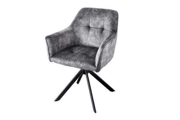 Chaise pivotante sans roulettes velours métal gris noir avec accoudoirs