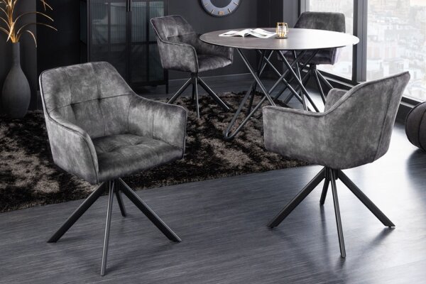 Chaise pivotante sans roulettes velours métal gris noir avec accoudoirs