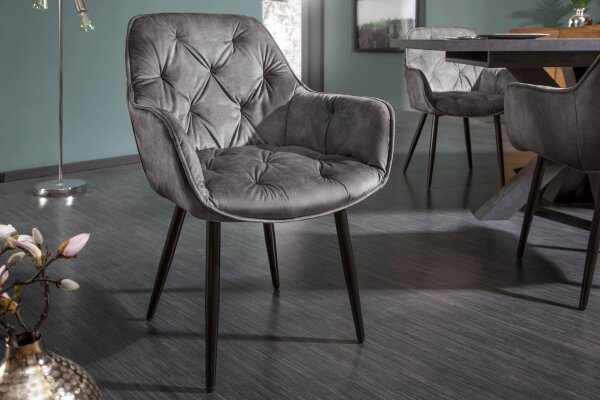 Chaise de salle à manger velours métal vert/gris noir Chesterfield
