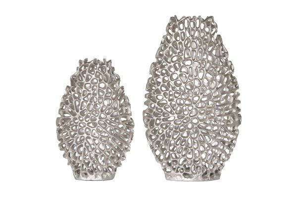 Set de 2 vases décoratifs artisanaux en métal argenté