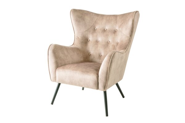 Fauteuil à oreilles velours beige crème avec accoudoirs Chesterfield
