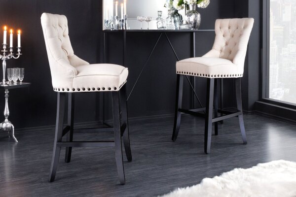 Tabouret de bar avec dossier en beige noir Chesterfield tissu bois