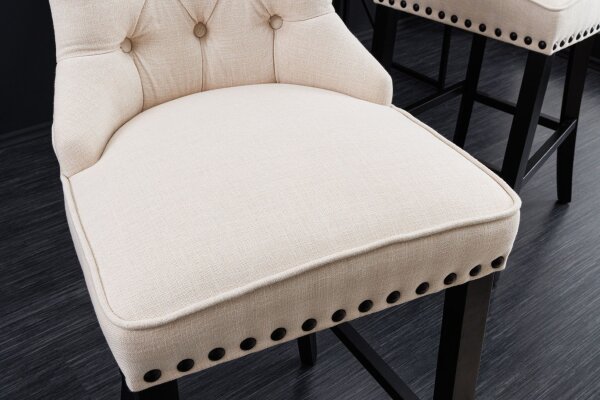Tabouret de bar avec dossier en beige noir Chesterfield tissu bois