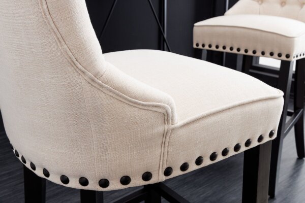 Tabouret de bar avec dossier en beige noir Chesterfield tissu bois