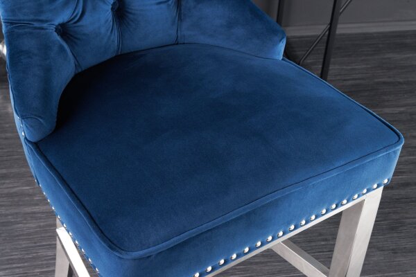 Tabouret de bar velours acier inoxydable bleu argent Chesterfield