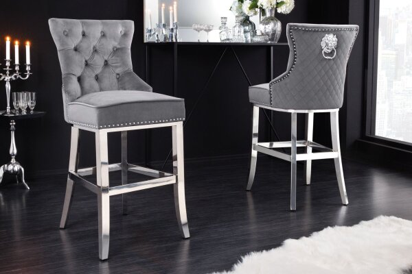 Chaise de bar avec dossier velours acier inoxydable gris argent Chesterfield