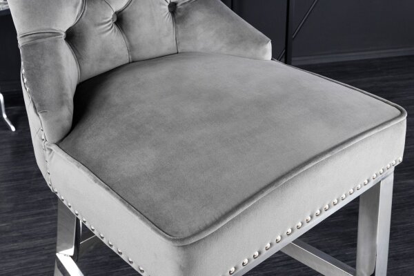 Chaise de bar avec dossier velours acier inoxydable gris argent Chesterfield