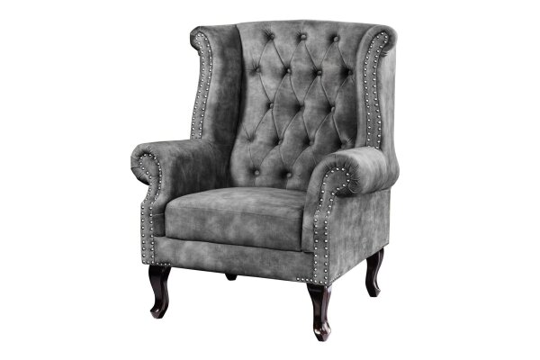 Fauteuil à oreilles velours bois gris marron L : 85 cm Chesterfield