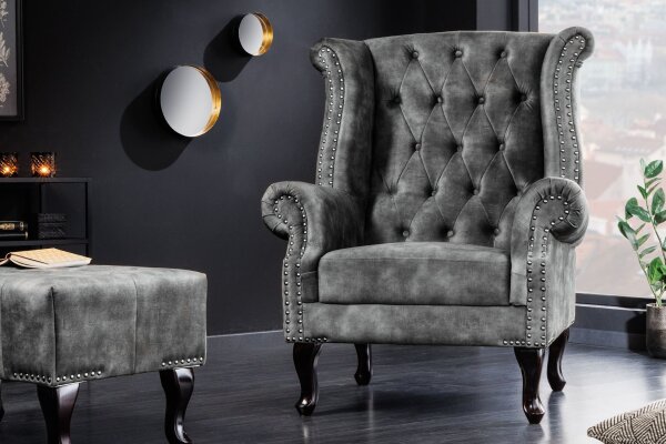 Fauteuil à oreilles velours bois gris marron L : 85 cm Chesterfield