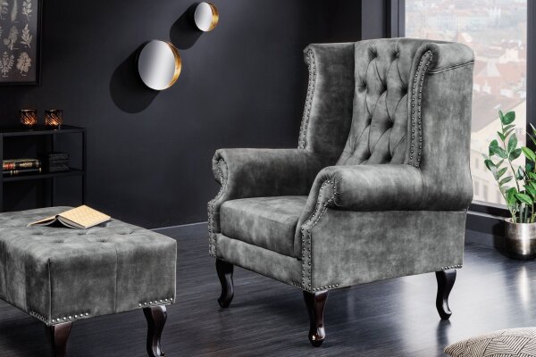Fauteuil à oreilles velours bois gris marron L : 85 cm Chesterfield