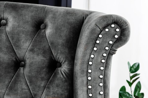 Fauteuil à oreilles velours bois gris marron L : 85 cm Chesterfield