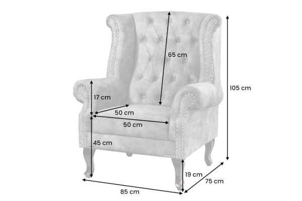 Fauteuil à oreilles velours bois gris marron L : 85 cm Chesterfield