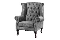 Fauteuil &agrave; oreilles velours bois gris marron L :...