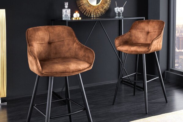 Chaise de comptoir avec dossier velours métal cognac marron noir