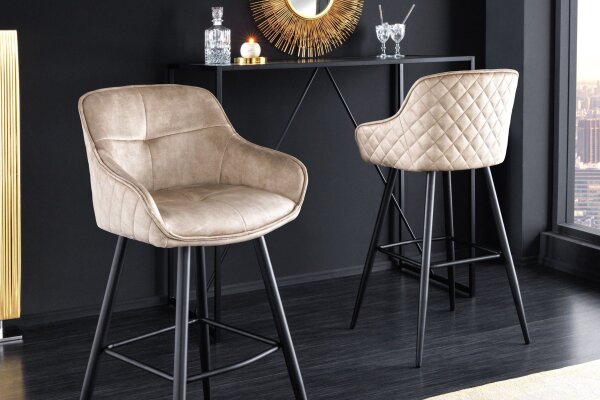 Tabouret de bar velours métal crème beige noir avec dossier