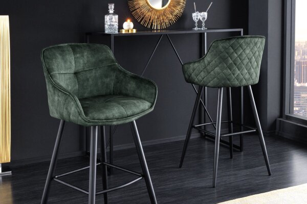 Tabouret de bar velours métal vert noir avec dossier repose-pieds
