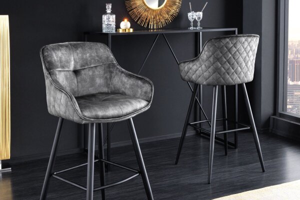 Chaise de comptoir velours métal gris noir rétro avec dossier