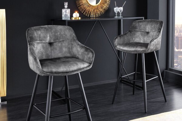 Chaise de comptoir velours métal gris noir rétro avec dossier