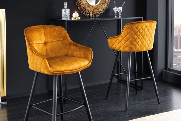 Tabouret de bar avec dossier Rétro Jaune Noir en velours Métal