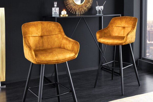 Tabouret de bar avec dossier Rétro Jaune Noir en velours Métal