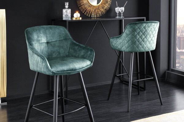 Tabouret de bar avec dossier Rétro en velours noir pétrole métal