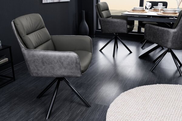 Chaise pivotante cuir tissu métal gris noir sans roulettes