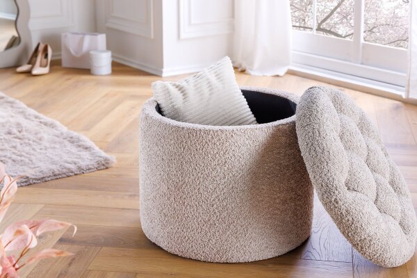 Pouf avec espace de rangement Ø 50 cm H : 43 cm Bouclé Crème Beige
