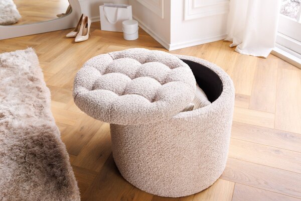 Pouf avec espace de rangement Ø 50 cm H : 43 cm Bouclé Crème Beige
