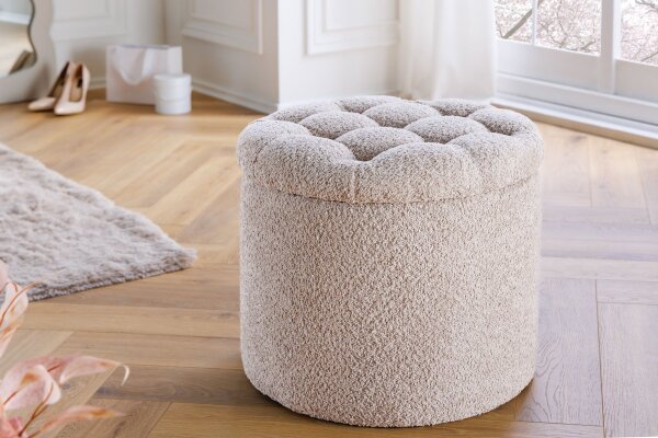 Pouf avec espace de rangement Ø 50 cm H : 43 cm Bouclé Crème Beige