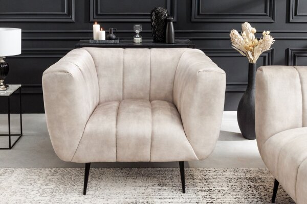 Fauteuil en velours Beige Crème 105 cm de large Coutures décoratives Rétro