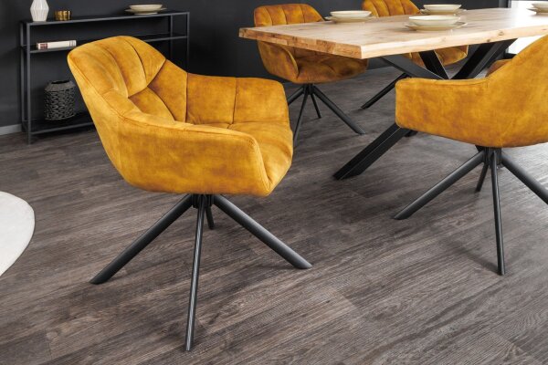Chaise pivotante velours métal sans roulettes jaune noir rétro